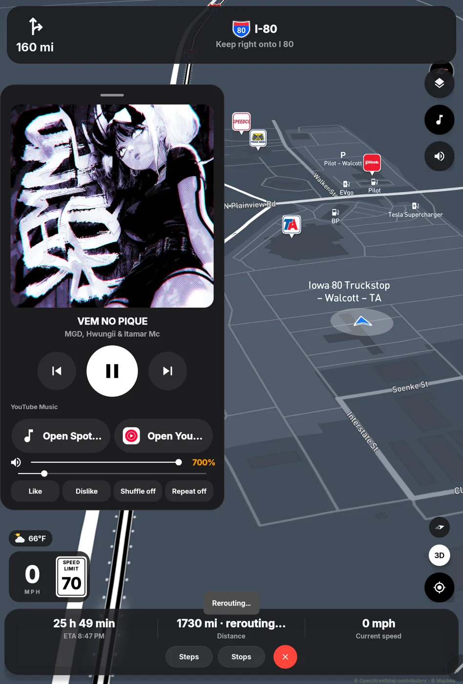 Nexus Point Truck © music player at tablet size during navigation, with album art, controls and 700% volume